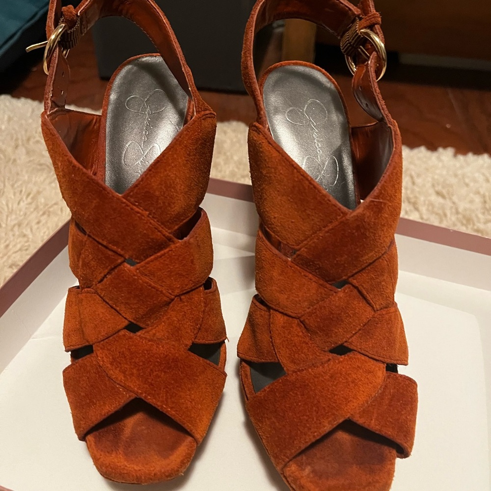 Jessica Simpson rust colored suede chunky heel strappy sandals size 6.5 - Picture 3 of 5